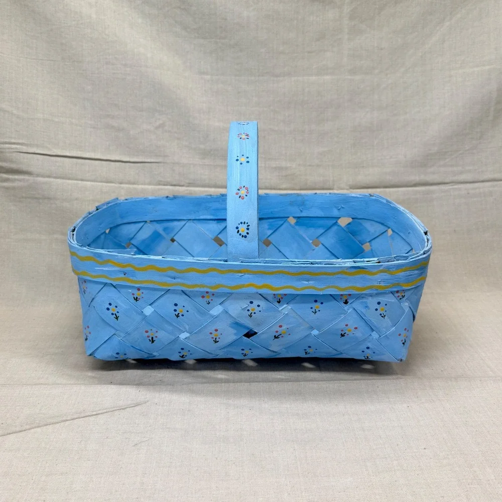 Vintage Blue Hand Painted Basket‎ Cottagecore Storage Easter Gathering Basket